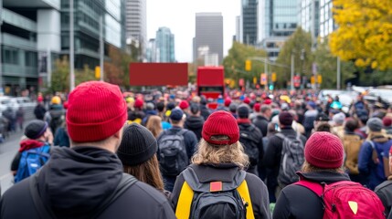 A crowd of people wearing red hats marches down a city street surrounded by modern buildings and autumn foliage.