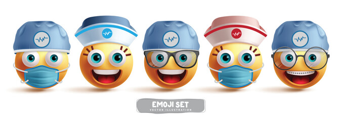 Emoji surgeon characters vector set. Emojis medical doctors and nurse emoticons wearing surgical hat and face mask elements for graphic elements. Vector illustration emojis surgeon costume set 