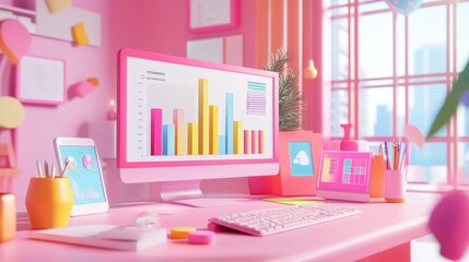 Desk Setup with Colorful Charts and Graphs on Screen with Pink, Yellow, and Blue Color Scheme