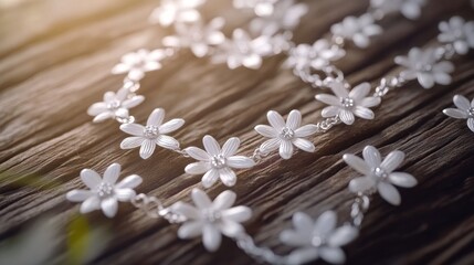 Fototapeta premium White flower necklace on a wooden background with warm light.