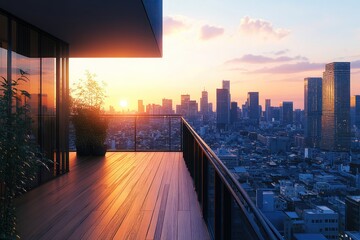 Fototapeta premium A serene sunset view from a modern balcony overlooking a city skyline.