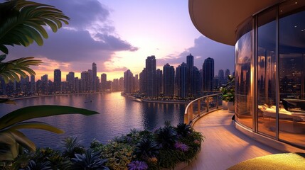 Fototapeta premium A serene sunset view from a modern balcony overlooking a city skyline by the water.