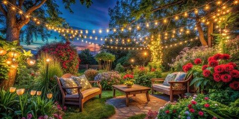 Vibrant Garden Oasis: Colorful String Lights Creating a Magical Evening Ambiance