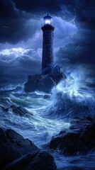 Majestic Lighthouse on Rocky Coast During Stormy Night