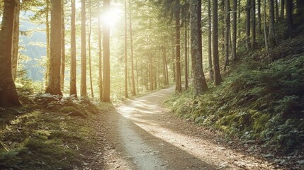 Fototapeta premium Serene Forest Pathway at Golden Hour Light