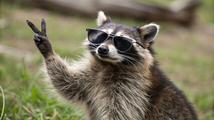 Raccoon in shades shows off a rock hand gesture with confident expression, wildlife photography, furry creature, wildlife