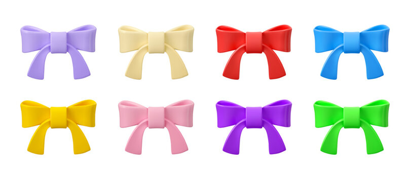 Ribbon bow icon set. Vector 3d cartoon tied decorative knot collection. Various colors design elements isolated