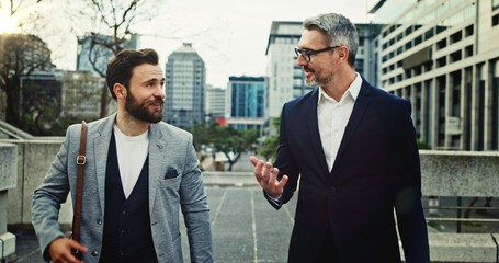 Outdoor, talking and commuting to work, men and smile for conversation, accountant and colleagues....