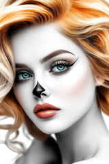 Fototapeta premium A woman with blue eyes and red lips is wearing a black and white outfit. She has a black and white makeup look on her face