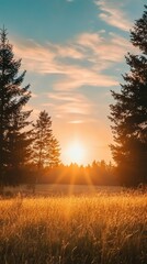 Obraz premium Stunning Countryside Sunset with Golden Sky