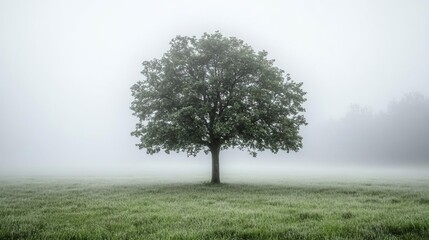 A lone tree in a foggy field, surrounded by mist, symbolizing resilience in isolation and solitude.