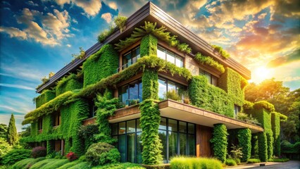 Vintage Style Green Building Made from Recycled Materials, Showcasing Sustainable Architecture and Energy Efficiency in Design