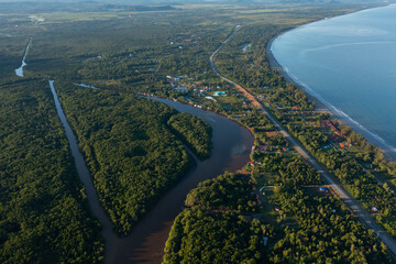 Aerial drone image of Beautiful local houses Rural village at Kota Belud, Sabah, Malaysia during...