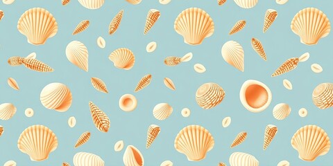 Seamless pattern of seashell clam and conche shells in a repeat design, wallpaper, mollusk