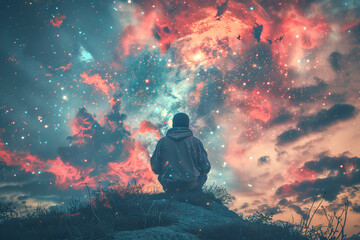 Fototapeta premium Man meditating on a rock is connecting with the universe