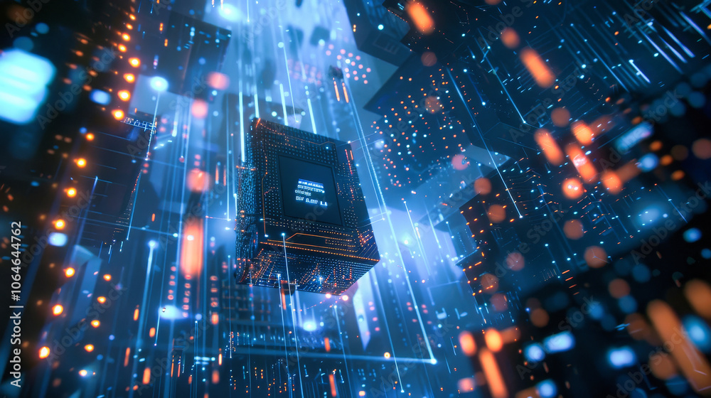 Poster close up of an advanced microchip with data flowing through it