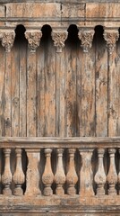 Fototapeta premium Weathered wooden wall with ornate balustrade detailing.
