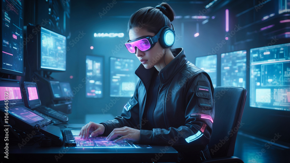 Poster a cyberpunk hacker in a virtual reality setting