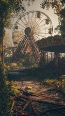 Abandoned Amusement Park with Overgrown Rides