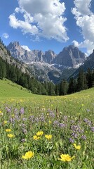 Naklejka premium Serene Mountain Meadow with Wildflowers Under Blue Sky