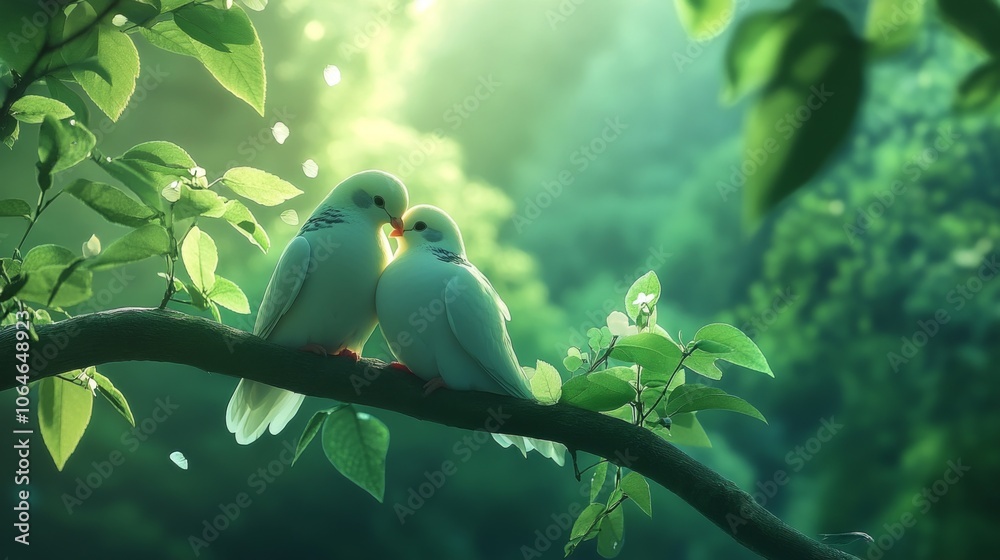 Poster Two Doves on a Branch in Soft Greenery
