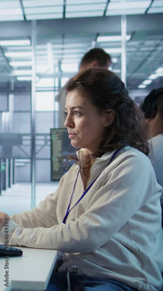Poster joyful technician working in high tech workspace providing computing resources for different workloa
