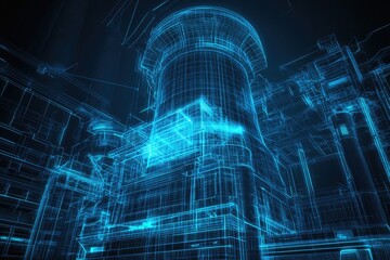 Fototapeta premium Digital Blueprint of a Building Structure, Futuristic Architecture Design