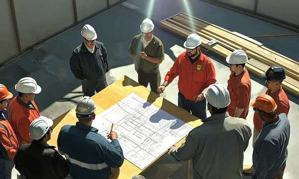 A group of workers discussing plans around a table with blueprints on a construction site.