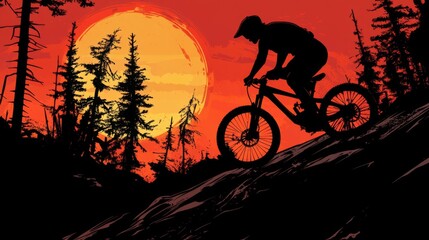 Mountain Biker Silhouette Against Sunset Background