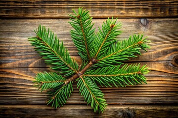Naklejka premium Aerial View of Evergreen Fir Tree Branch on Rustic Wood Background, Capturing Nature's Beauty in a Serene Composition Enhancing the Textures and Colors of the Natural Elements