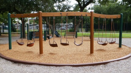 Swingset in a Playground Surrounded by Greenery
