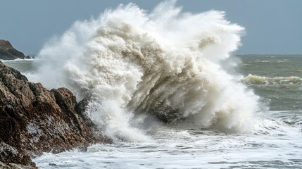 Fototapeta premium Dynamic Sea Wave Splashing with Energetic Sprays in Deep Blue Waters
