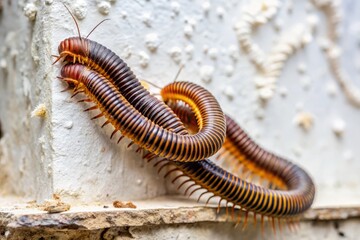Aerial View of Millipedes on a Dusty White Wall: Close-Up of Arthropods Class Diplopoda with Two Pairs of Legs per Segment in Dirty Corners of an Indoor Environment