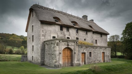 Irish castle with thatched roof, stone structure, detailed wooden doors, rural setting, lush green grass, trees, overcast sky