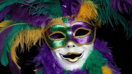 Mardi Gras Feathered Mask with Wide Smile in Traditional Colors for Social Media Post