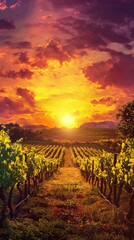 Naklejka premium Sunset Over Picturesque Vineyard Landscape