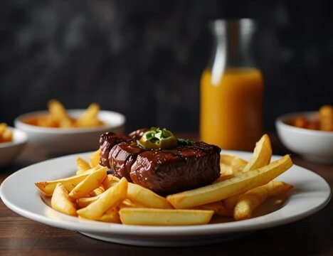 steak and chips colorful lights HD resolution with hyper realistic nature ai generative 4K Background.