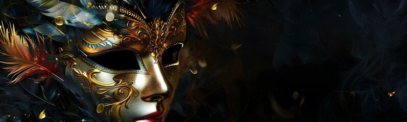 Fototapeta premium Mask carnival venice masquerade venetian party background theater purim costume italy. Venice carneval mask golden mardi carnival gras feather ball gold venezia design holiday celebration face dark. 