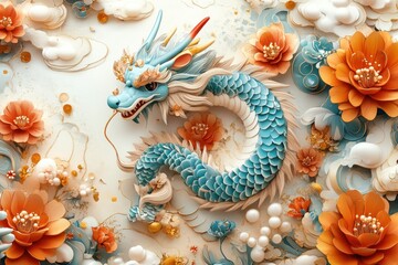 Naklejka premium A 3D illustration of a blue paper dragon with red horns and gold accents surrounded by orange and white paper flowers on a white background.