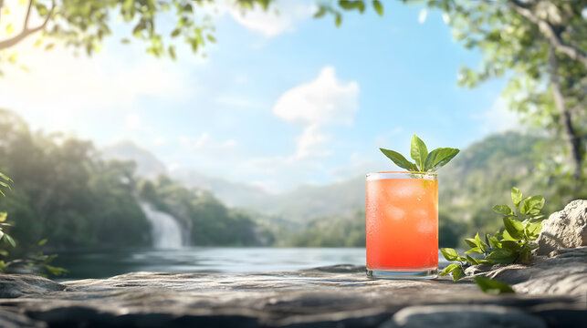 Refreshing sports drink in scenic natural setting with greenery