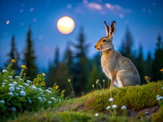 A Serene Summer Night in Urho Kekkonen National Park: A Mountain Hare Standing Watchfully on a Hillside Under the Northern Finnish Sky