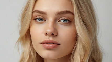 Naklejka premium Close-up photo of beautiful blonde model with shiny perfect skin. Beauty makeup commercial cover