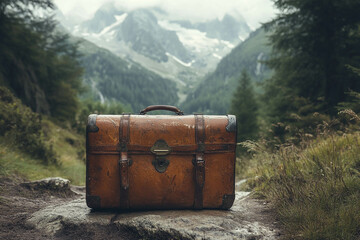 Vintage Leather Suitcase in Mountain Landscape