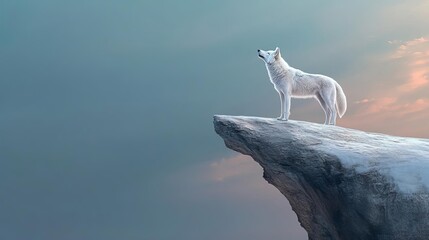 A lone wolf standing on a cliff howling, representing independence and courage in change, Dramatic lighting.