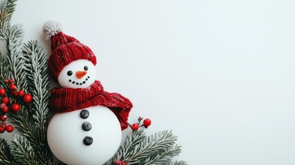 Snowman on white background, highlighting festive details in a minimalist winter-themed composition