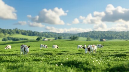 Fototapeta premium Cows grazing on lush green pasture with rolling hills in the background, depicting an idyllic rural landscape and serene environment.