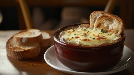 French Onion Soup with Melted Cheese and Toasted Bread - Classic Comfort Food with Rich Flavors, Perfect for Cozy Nights