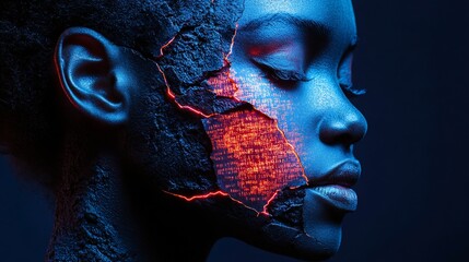 A woman's face with glowing cracks revealing red code.