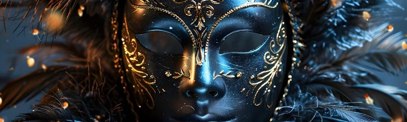 Gordijnen Mask carnival venice masquerade venetian party background theater purim costume italy. Venice carneval mask golden mardi carnival gras feather ball gold venezia design holiday celebration face dark.  © Berkah