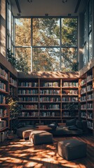Modern Library Interior with Tall Bookshelves